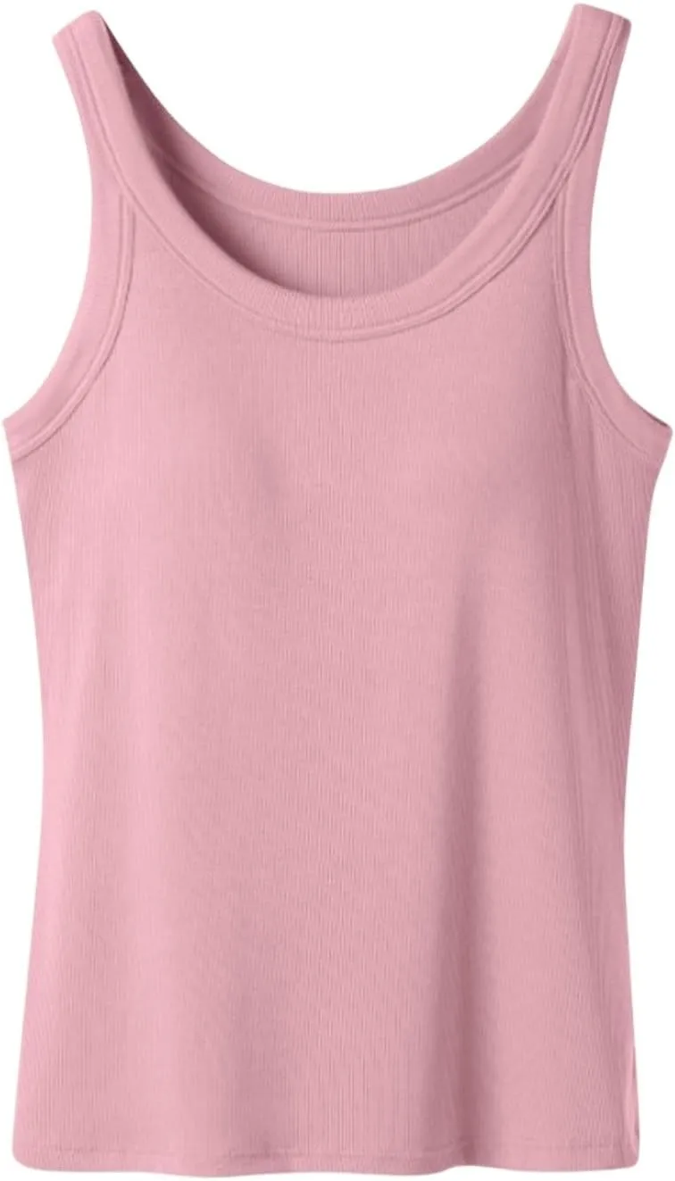 Women's Ribbed Tank Tops with Built in Bra Summer Casual Sleeveless Fitted Camisoles Padded Workout Athletic Tshirts