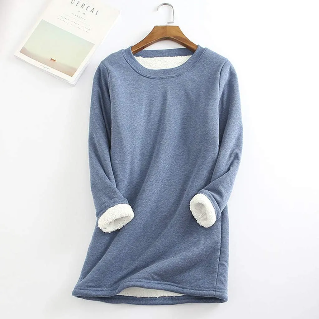 Women's Sherpa Lined Pullover Fleece Crewneck Sweatshirts Cute Winter Warm Fuzzy Sweaters Casual Loungewear
