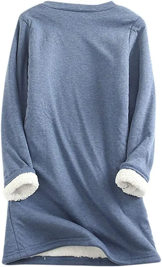 Women's Sherpa Lined Pullover Fleece Crewneck Sweatshirts Cute Winter Warm Fuzzy Sweaters Casual Loungewear