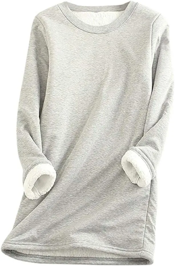 Women's Sherpa Lined Pullover Fleece Crewneck Sweatshirts Cute Winter Warm Fuzzy Sweaters Casual Loungewear