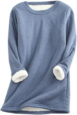 Women's Sherpa Lined Pullover Fleece Crewneck Sweatshirts Cute Winter Warm Fuzzy Sweaters Casual Loungewear