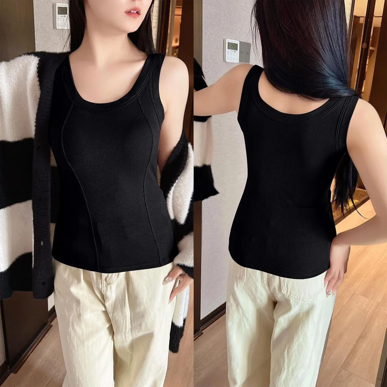 Women's Spaghetti Strap Tank Top with Built in Bra U Neck Lightweight Soft Basic Shirts Seamless Lounge Casual Tanks