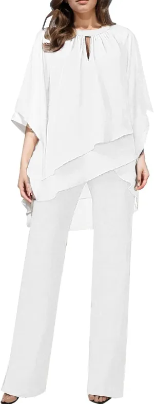 Women's Summer Outfits Dressy Lightweight Flowy Irregular Top Plus Size 2 Piece Sets Causal Work Wide Leg Pants Suits