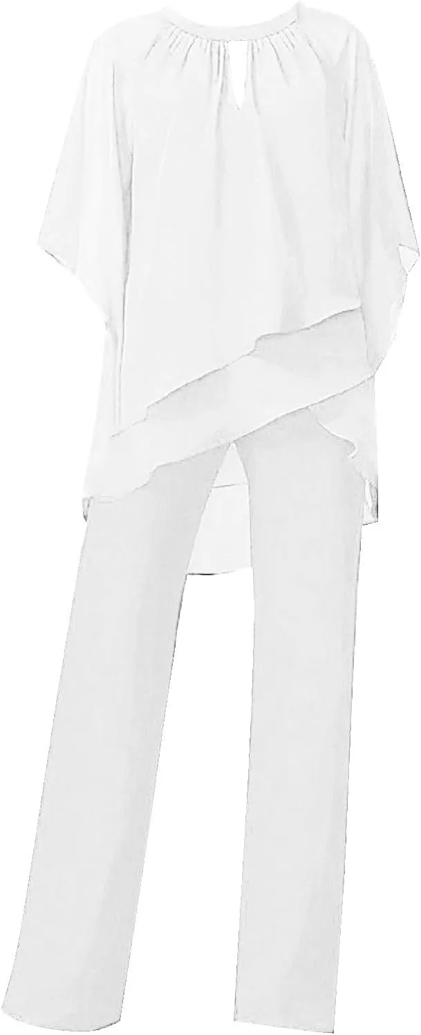 Women's Summer Outfits Dressy Lightweight Flowy Irregular Top Plus Size 2 Piece Sets Causal Work Wide Leg Pants Suits