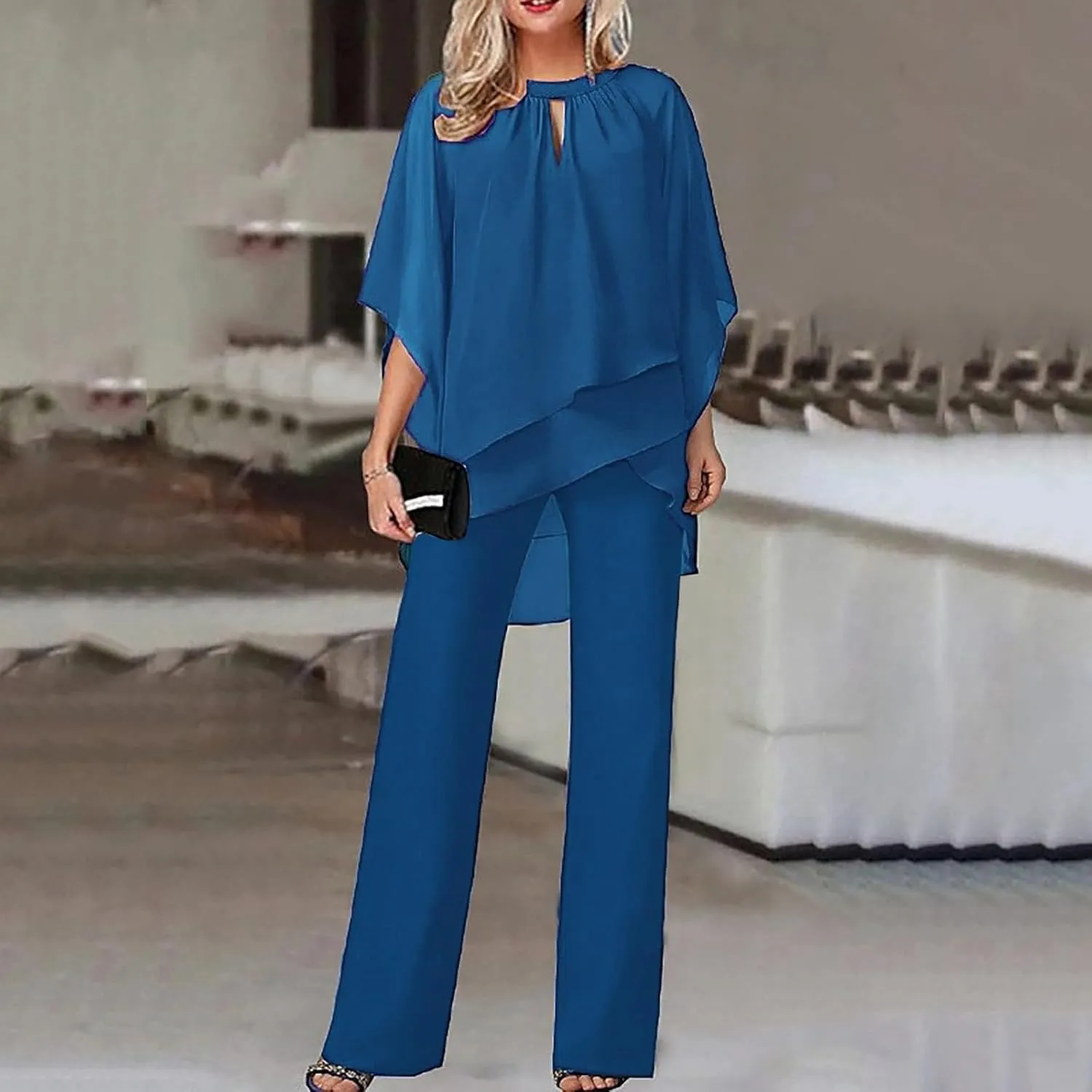 Women's Summer Outfits Dressy Lightweight Flowy Irregular Top Plus Size 2 Piece Sets Causal Work Wide Leg Pants Suits