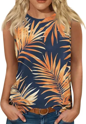 Womens Tank Tops Round Neck Printed Shirts 2025 Summer Casual Loose Fit Sleeveless Cute Basic Tanks Tee for Women
