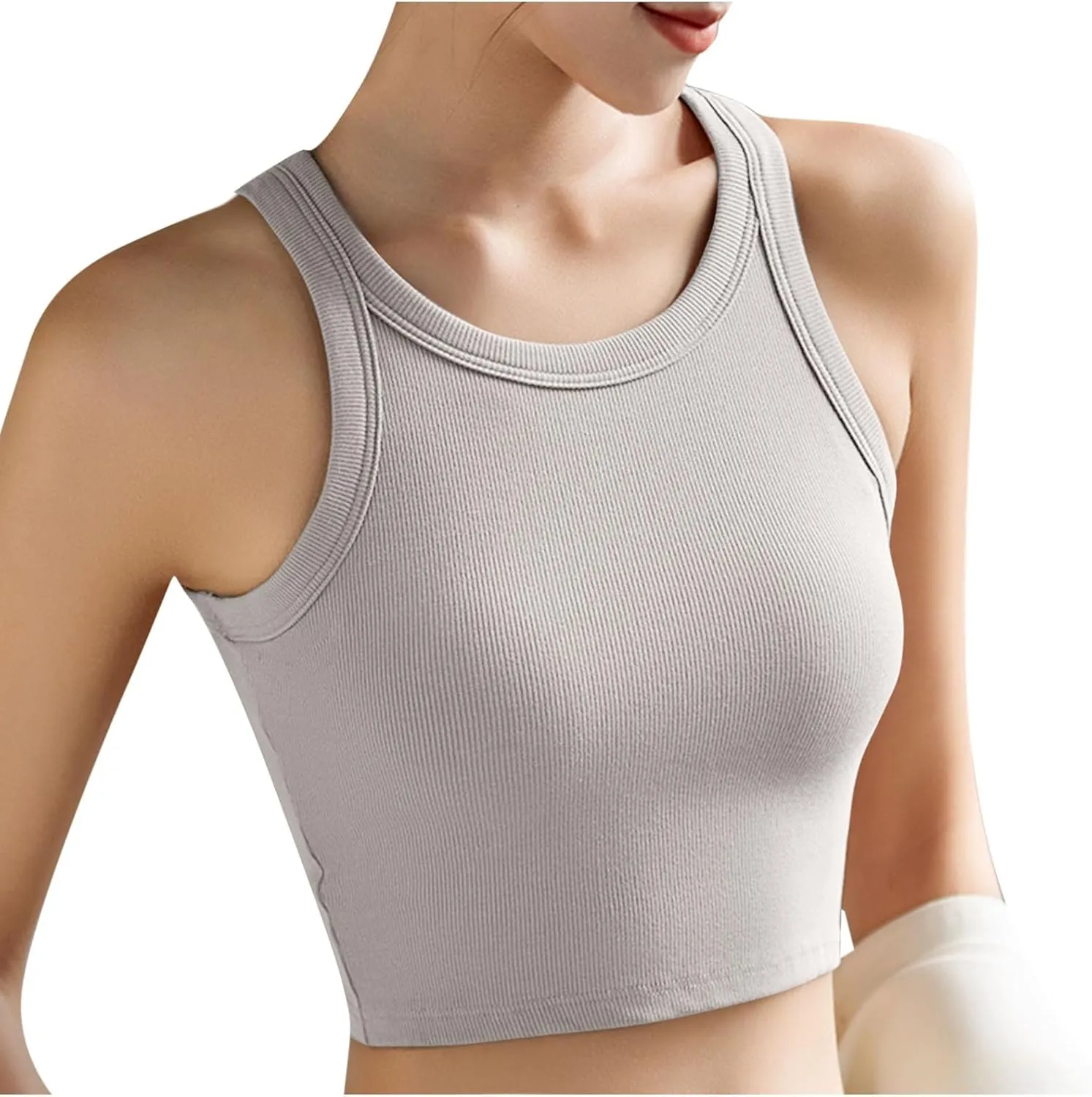 Womens Tank Tops with Bulit Padded Bra Workout Yoga Crop Tops Slim Fit Basic U Neck Active Underwear Ribbed Tanks