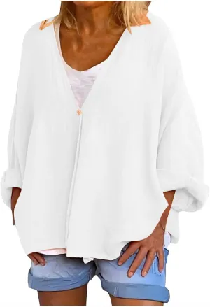 Womens Tops Casual Summer Linen Work Tops Trendy Button Down V Neck Long Sleeve Shirts Oversized Comfy Top Blouses