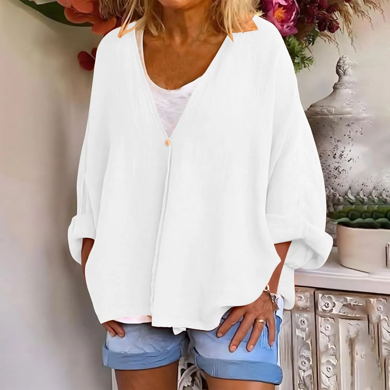 Womens Tops Casual Summer Linen Work Tops Trendy Button Down V Neck Long Sleeve Shirts Oversized Comfy Top Blouses