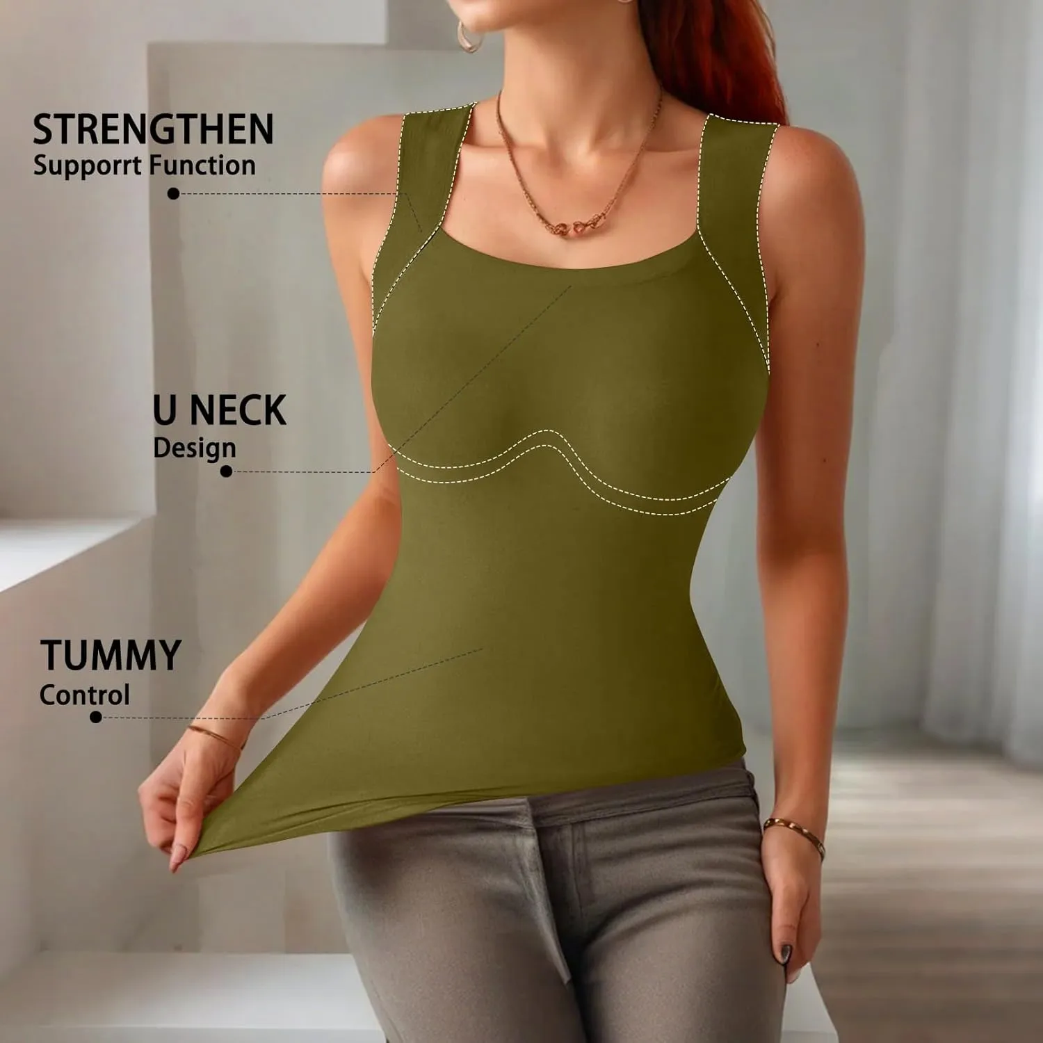Womens U Neck Shapewear Built-in Bra Tank High Strechy Sleeveless Slim Fit Tanks Camisole Workout Tops