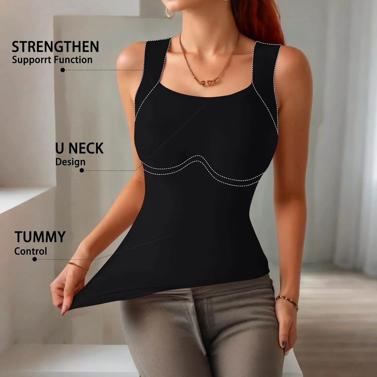 Womens U Neck Shapewear Built-in Bra Tank High Strechy Sleeveless Slim Fit Tanks Camisole Workout Tops