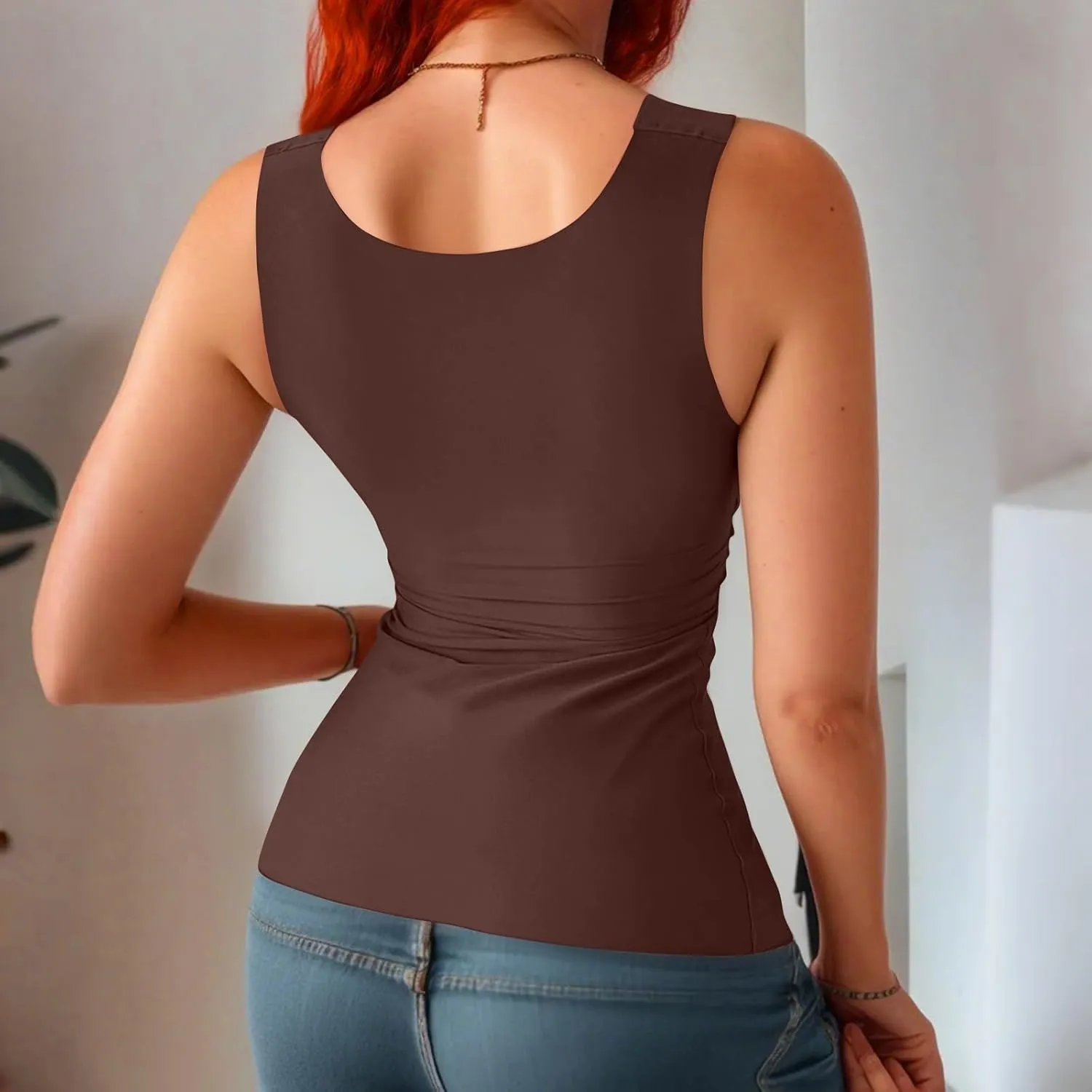 Womens U Neck Shapewear Built-in Bra Tank High Strechy Sleeveless Slim Fit Tanks Camisole Workout Tops