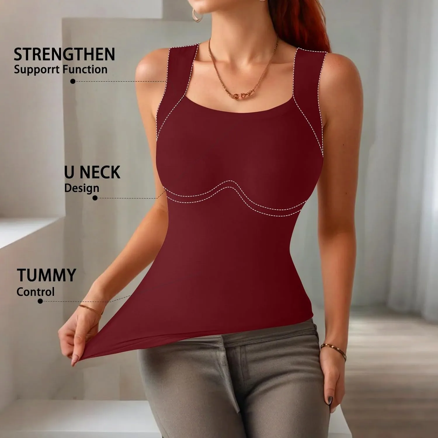 Womens U Neck Shapewear Built-in Bra Tank High Strechy Sleeveless Slim Fit Tanks Camisole Workout Tops
