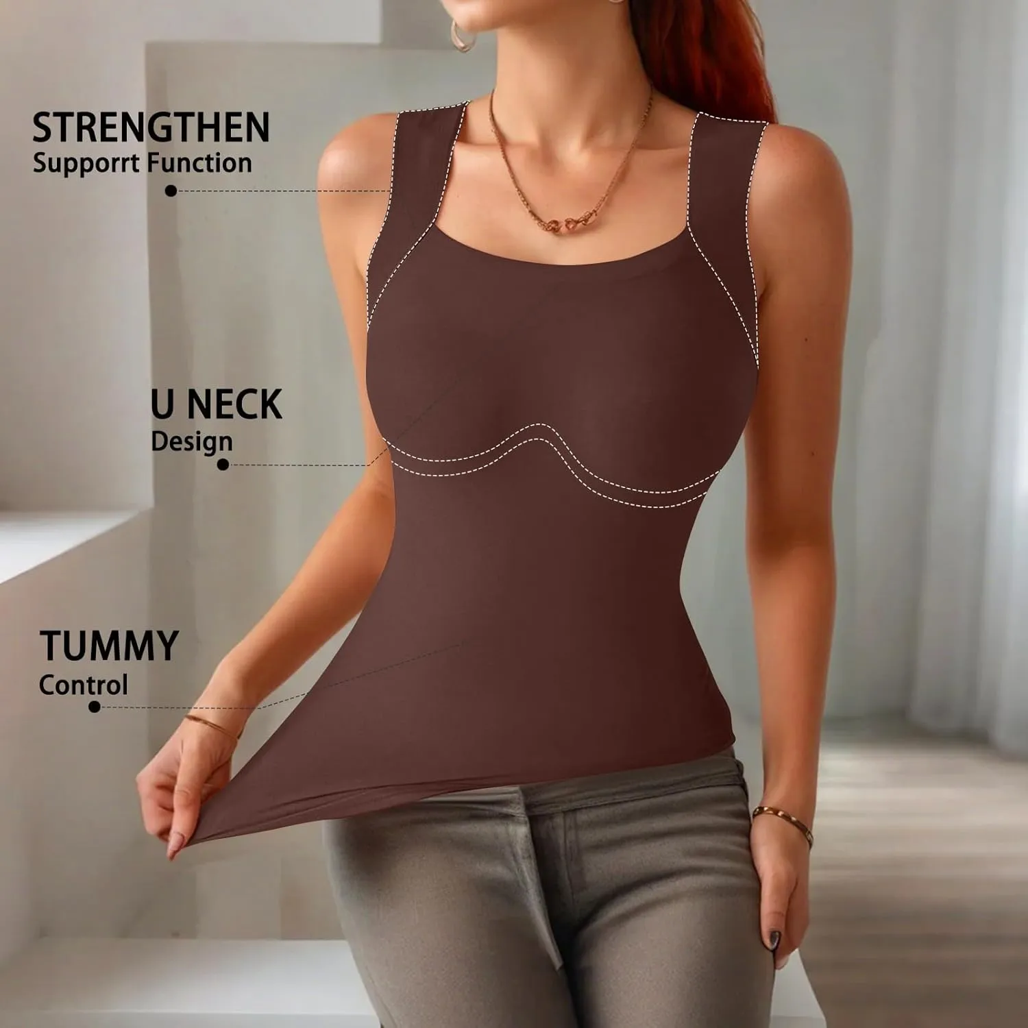 Womens U Neck Shapewear Built-in Bra Tank High Strechy Sleeveless Slim Fit Tanks Camisole Workout Tops