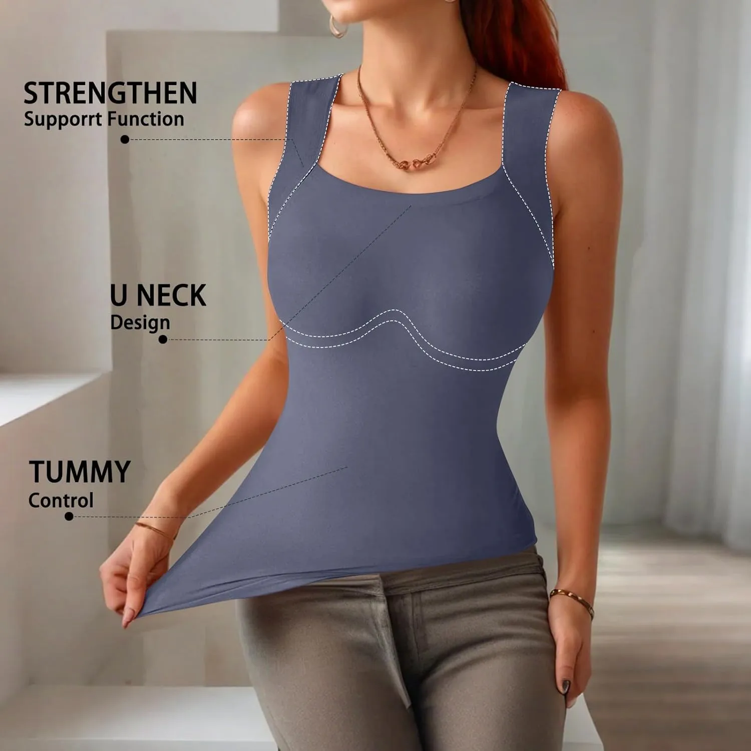 Womens U Neck Shapewear Built-in Bra Tank High Strechy Sleeveless Slim Fit Tanks Camisole Workout Tops