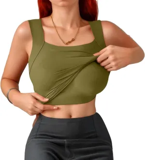 Womens U Neck Shapewear Built-in Bra Tank High Strechy Sleeveless Slim Fit Tanks Camisole Workout Tops
