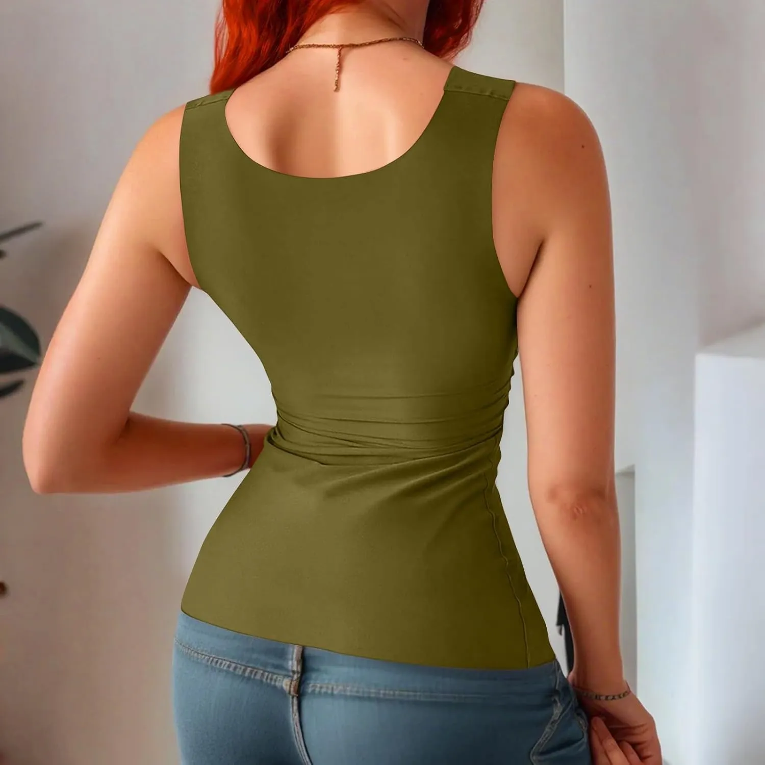Womens U Neck Shapewear Built-in Bra Tank High Strechy Sleeveless Slim Fit Tanks Camisole Workout Tops