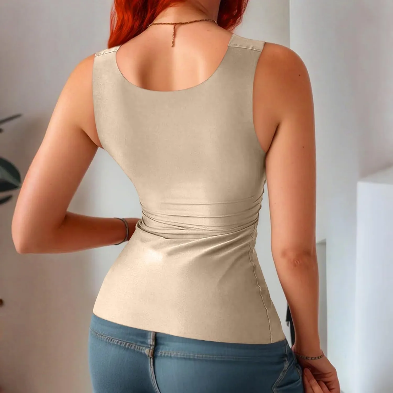 Womens U Neck Shapewear Built-in Bra Tank High Strechy Sleeveless Slim Fit Tanks Camisole Workout Tops
