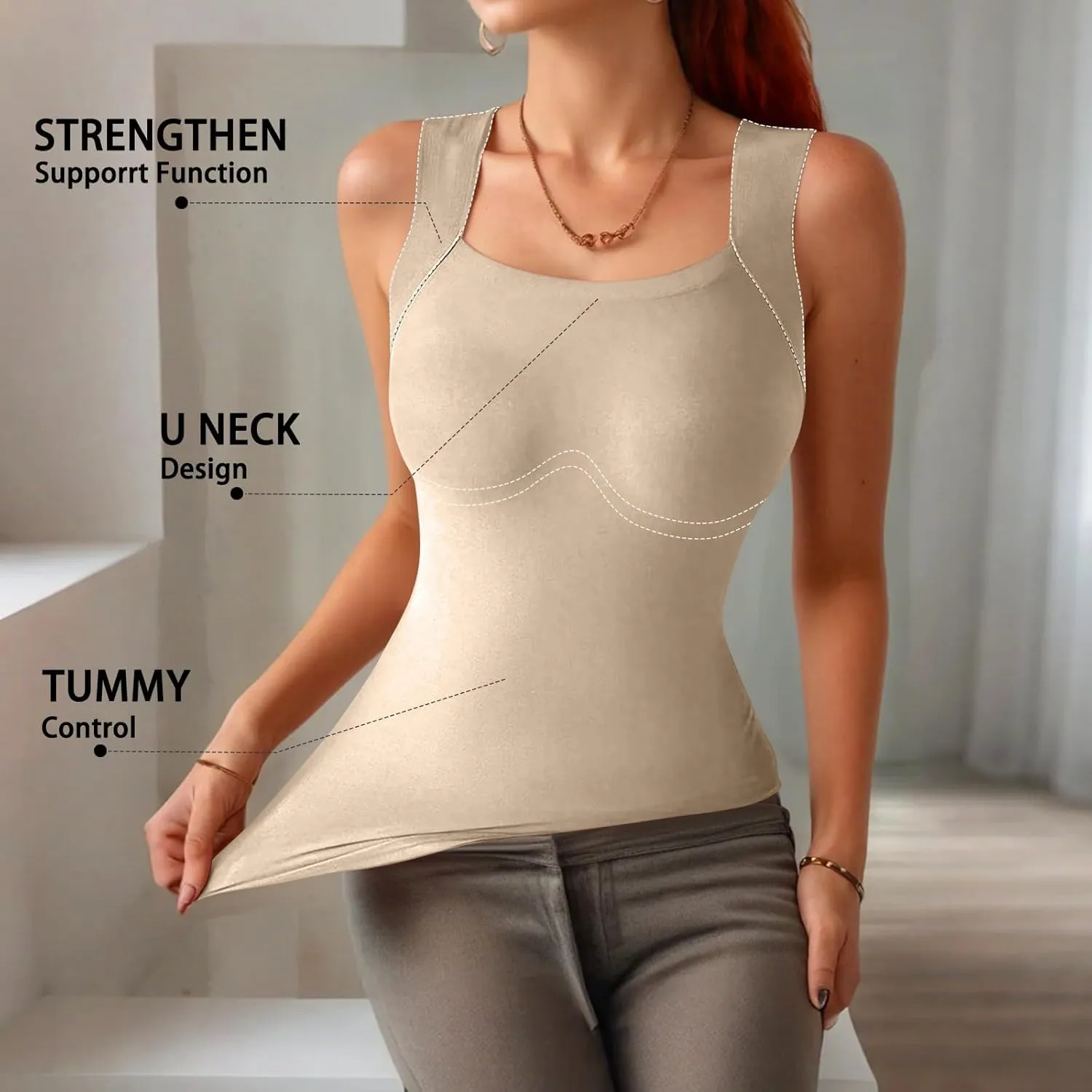 Womens U Neck Shapewear Built-in Bra Tank High Strechy Sleeveless Slim Fit Tanks Camisole Workout Tops