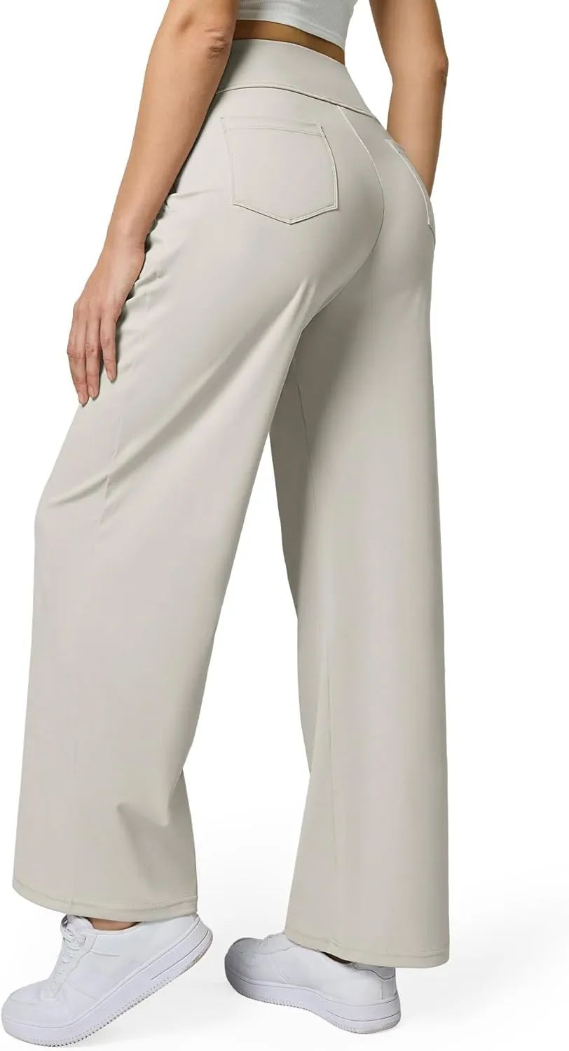 Womens Wide Leg Dress Pants Yoga Work Pants Pull On High Waist Stretch Business Casual Slacks with Pockets