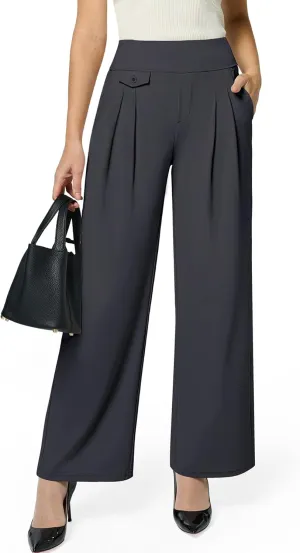 Womens Wide Leg Dress Pants Yoga Work Pants Pull On High Waist Stretch Business Casual Slacks with Pockets