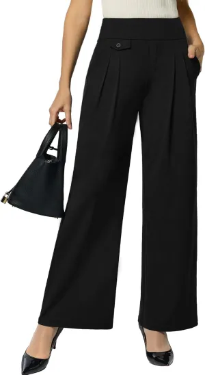 Womens Wide Leg Dress Pants Yoga Work Pants Pull On High Waist Stretch Business Casual Slacks with Pockets
