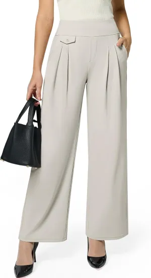 Womens Wide Leg Dress Pants Yoga Work Pants Pull On High Waist Stretch Business Casual Slacks with Pockets
