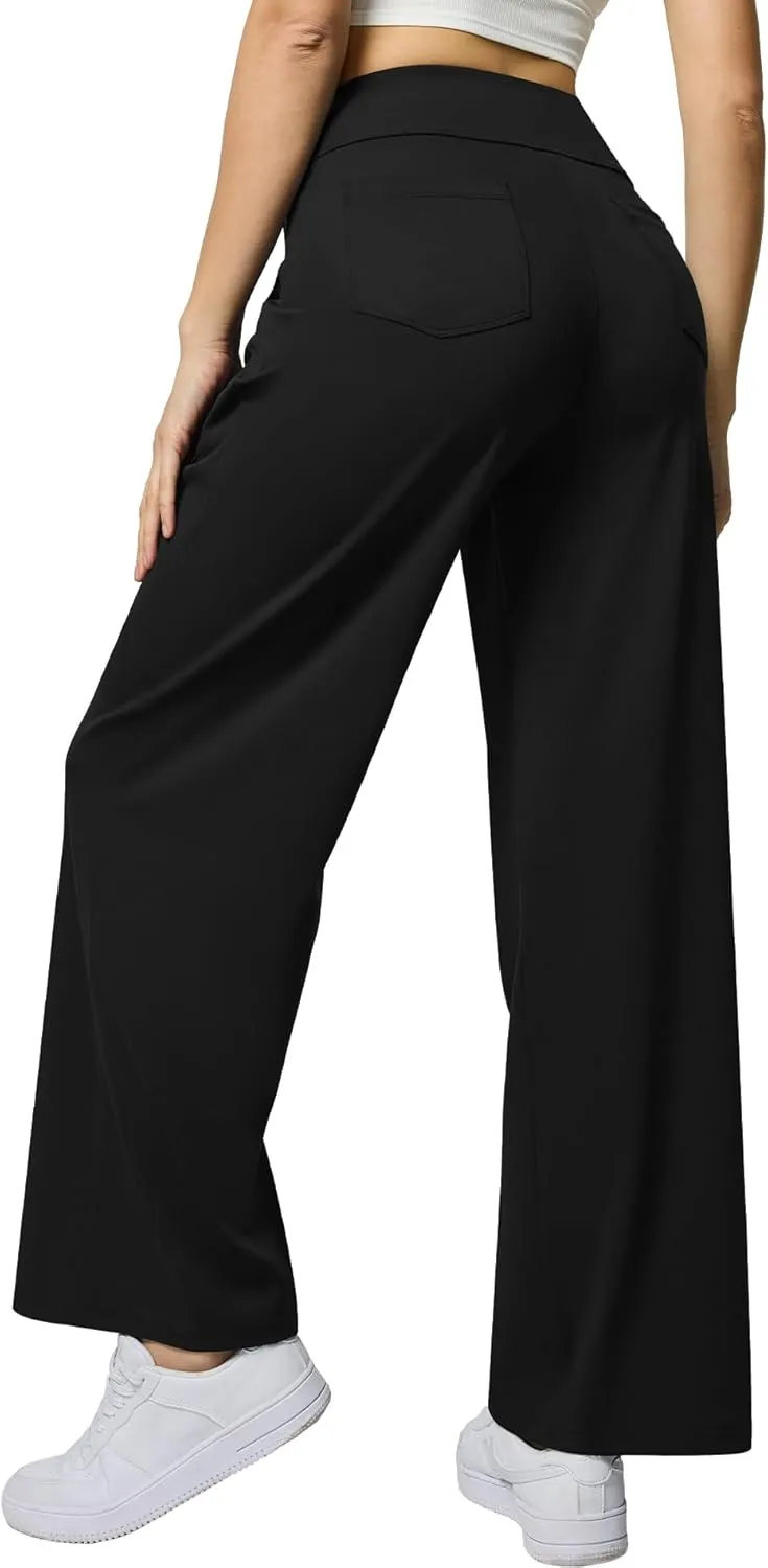 Womens Wide Leg Dress Pants Yoga Work Pants Pull On High Waist Stretch Business Casual Slacks with Pockets