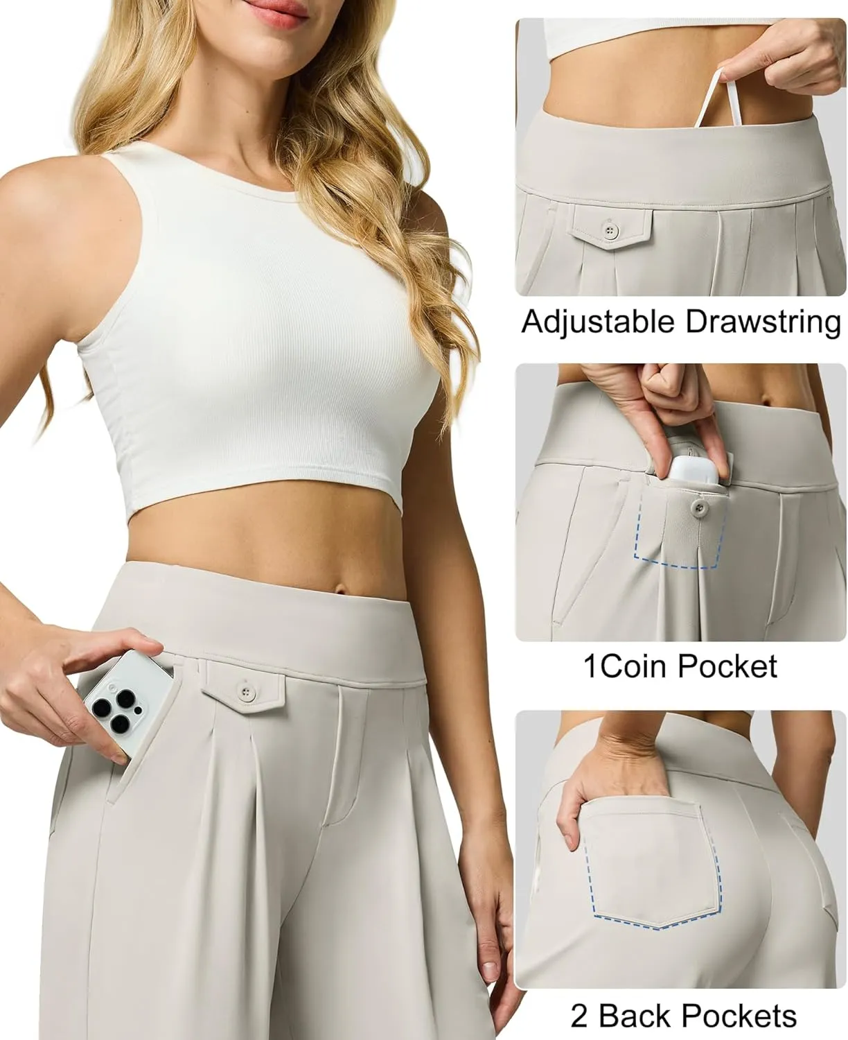 Womens Wide Leg Dress Pants Yoga Work Pants Pull On High Waist Stretch Business Casual Slacks with Pockets