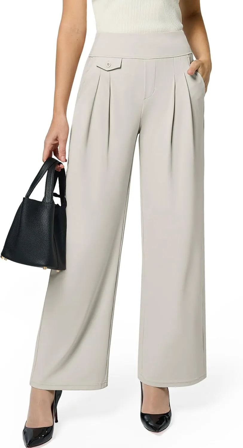 Womens Wide Leg Dress Pants Yoga Work Pants Pull On High Waist Stretch Business Casual Slacks with Pockets