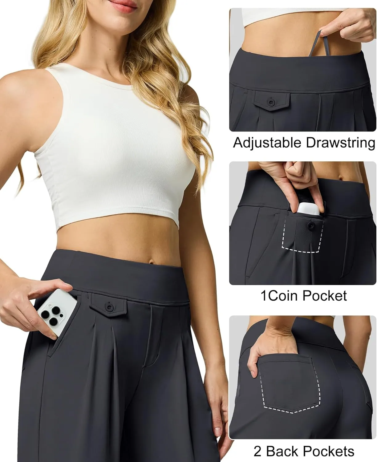 Womens Wide Leg Dress Pants Yoga Work Pants Pull On High Waist Stretch Business Casual Slacks with Pockets