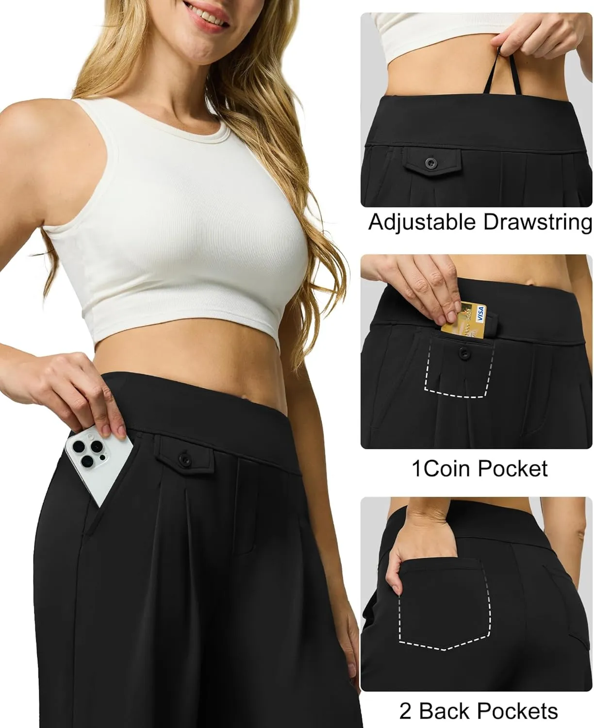 Womens Wide Leg Dress Pants Yoga Work Pants Pull On High Waist Stretch Business Casual Slacks with Pockets