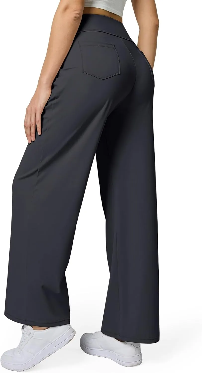 Womens Wide Leg Dress Pants Yoga Work Pants Pull On High Waist Stretch Business Casual Slacks with Pockets
