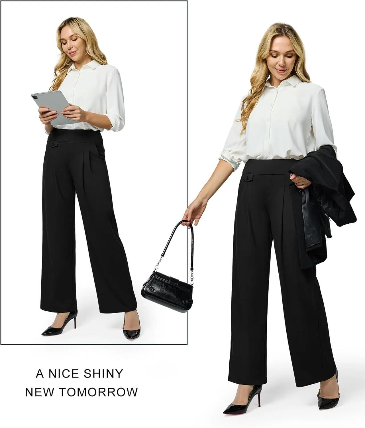 Womens Wide Leg Dress Pants Yoga Work Pants Pull On High Waist Stretch Business Casual Slacks with Pockets