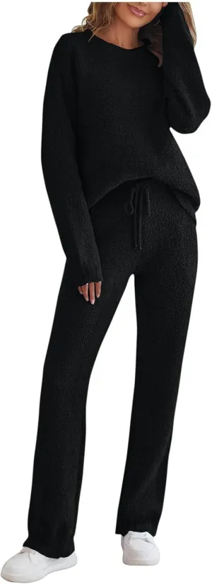 YRAETENM Lounge Sets for Women Fuzzy Fleece Long Sleeve 2 Piece Loungewear Outfits Sweater Pants Soft Lightweight Pajama Sets