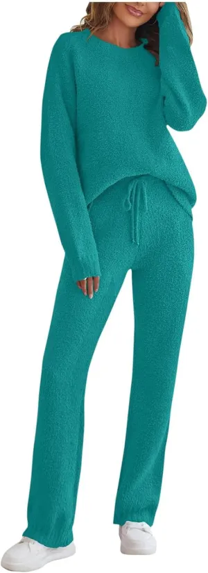 YRAETENM Lounge Sets for Women Fuzzy Fleece Long Sleeve 2 Piece Loungewear Outfits Sweater Pants Soft Lightweight Pajama Sets