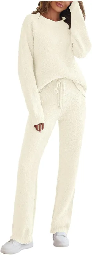 YRAETENM Lounge Sets for Women Fuzzy Fleece Long Sleeve 2 Piece Loungewear Outfits Sweater Pants Soft Lightweight Pajama Sets