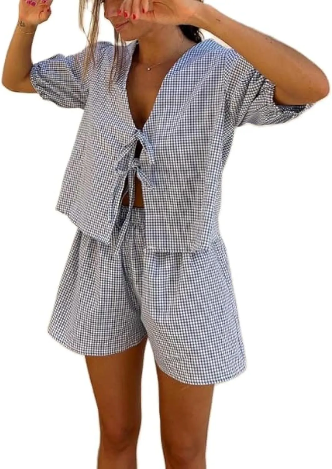Yuemengxuan Women Y2k Peplum Shirt Shorts Two Piece Lounge Set Pajamas Puff Sleeve Tie Front Top 2pcs Outfits