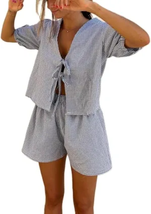 Yuemengxuan Women Y2k Peplum Shirt Shorts Two Piece Lounge Set Pajamas Puff Sleeve Tie Front Top 2pcs Outfits