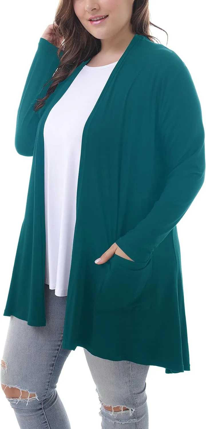 ZERDOCEAN Women's Plus Size Long Sleeve Lightweight Soft Printed Drape Cardigan with Pockets