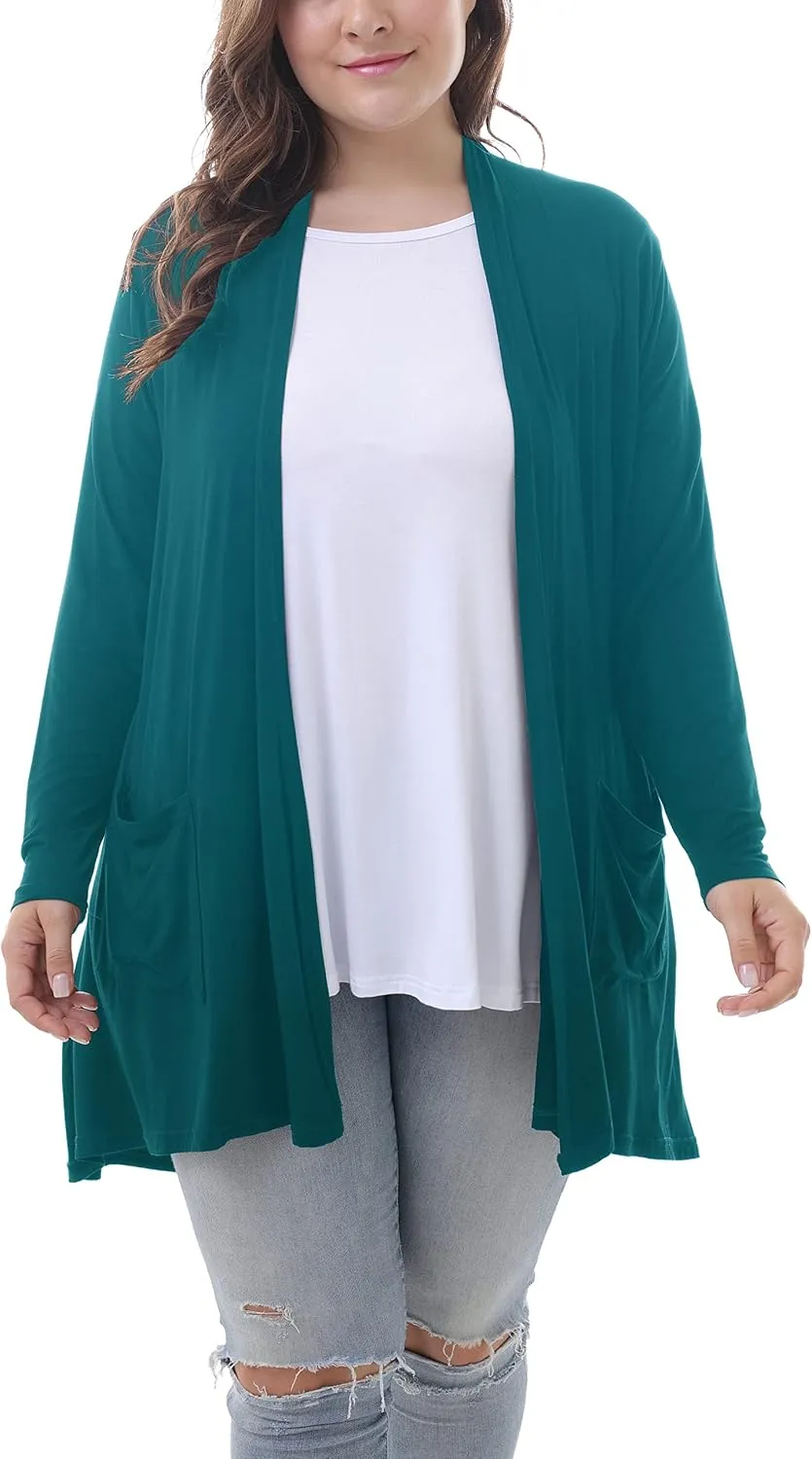 ZERDOCEAN Women's Plus Size Long Sleeve Lightweight Soft Printed Drape Cardigan with Pockets