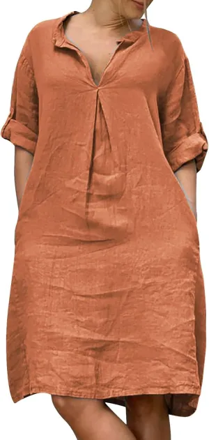 ZYXTIM Linen Dresses for Women 2025 Oversize Short Sleeve V Neck Casual Summer Dress Loose Lightweight Loungewear with Pocket