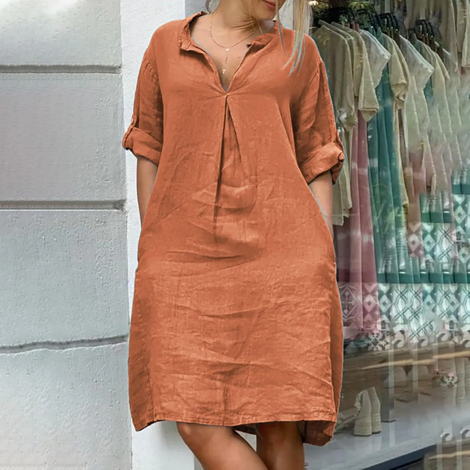 ZYXTIM Linen Dresses for Women 2025 Oversize Short Sleeve V Neck Casual Summer Dress Loose Lightweight Loungewear with Pocket