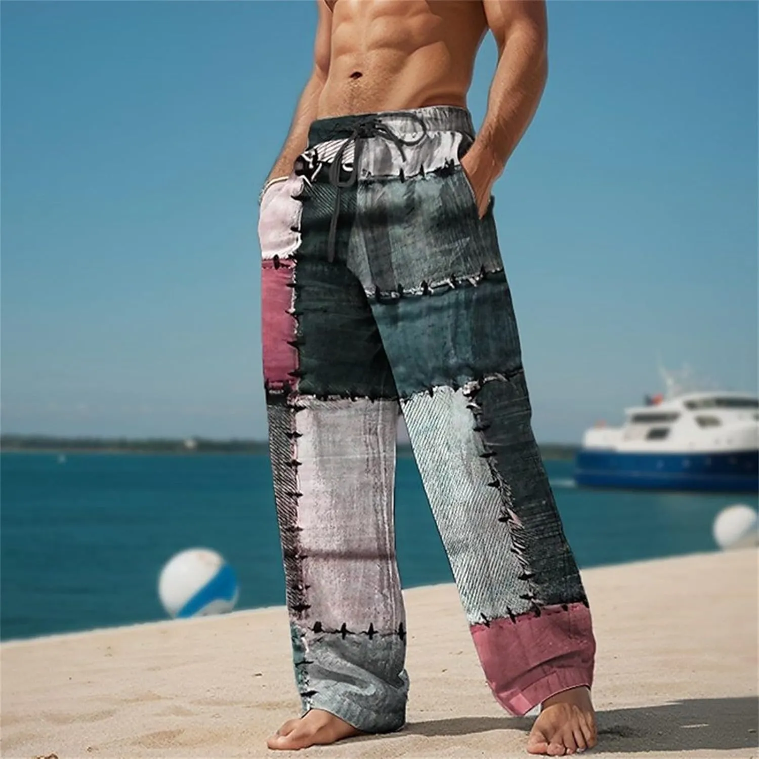 ZYXTIM Men's Linen Beach Trousers Plus Size Wide Leg Casual Summer Pants Elastic Waist Printed Lightweight Yoga Loungewear