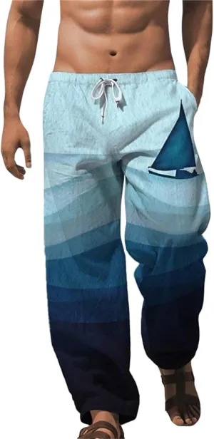 ZYXTIM Men's Linen Beach Trousers Plus Size Wide Leg Casual Summer Pants Elastic Waist Printed Lightweight Yoga Loungewear