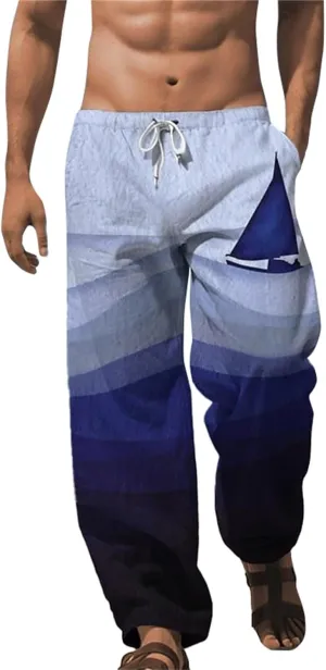 ZYXTIM Men's Linen Beach Trousers Plus Size Wide Leg Casual Summer Pants Elastic Waist Printed Lightweight Yoga Loungewear