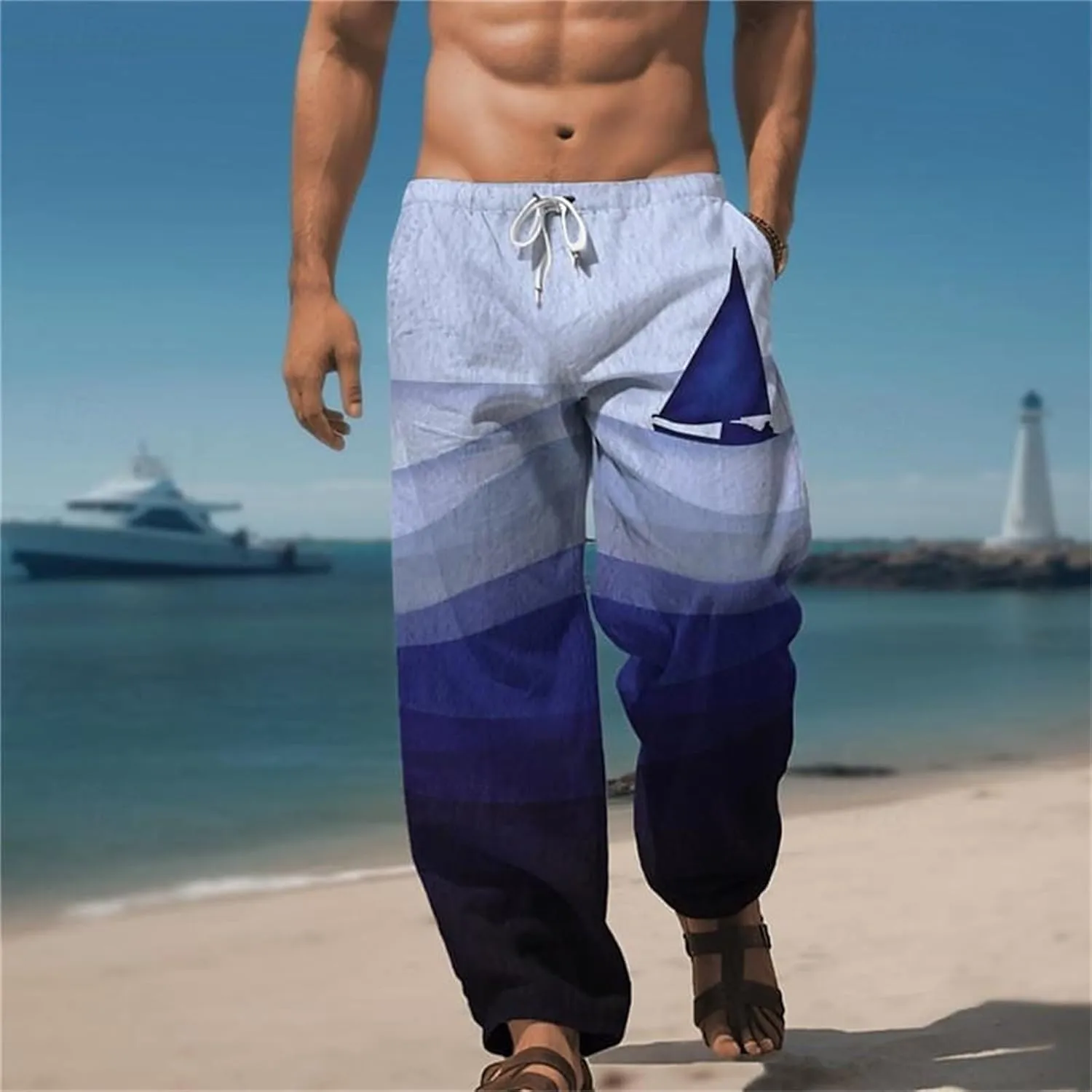 ZYXTIM Men's Linen Beach Trousers Plus Size Wide Leg Casual Summer Pants Elastic Waist Printed Lightweight Yoga Loungewear
