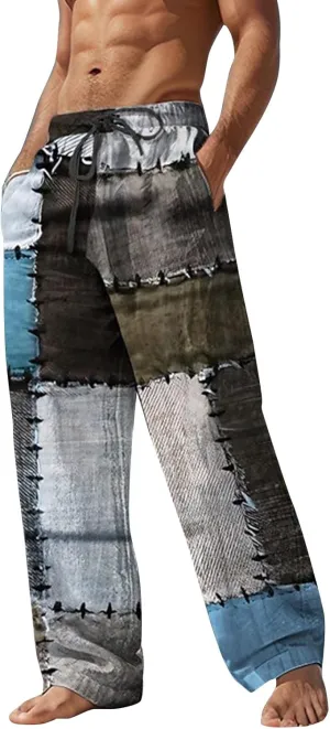 ZYXTIM Men's Linen Beach Trousers Plus Size Wide Leg Casual Summer Pants Elastic Waist Printed Lightweight Yoga Loungewear