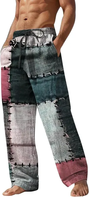 ZYXTIM Men's Linen Beach Trousers Plus Size Wide Leg Casual Summer Pants Elastic Waist Printed Lightweight Yoga Loungewear