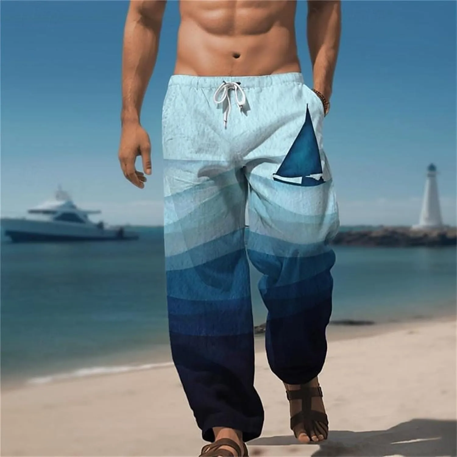 ZYXTIM Men's Linen Beach Trousers Plus Size Wide Leg Casual Summer Pants Elastic Waist Printed Lightweight Yoga Loungewear
